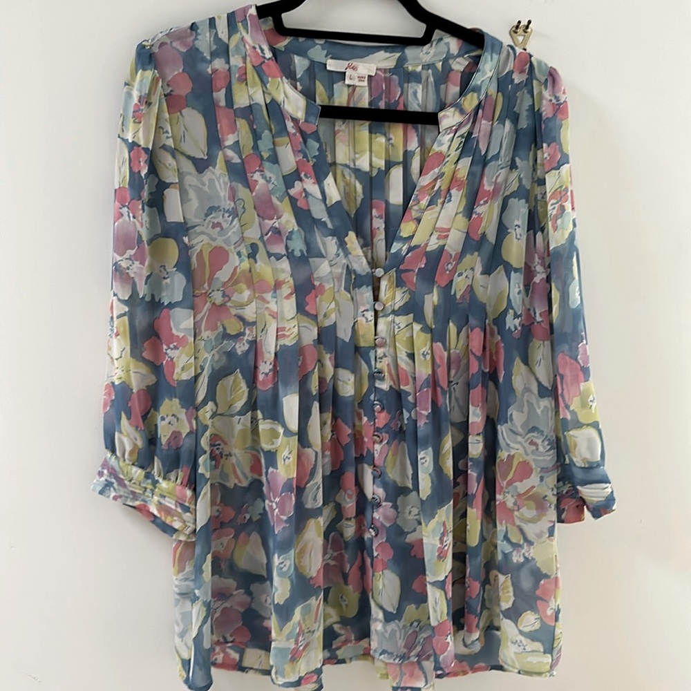 Joie blue, pink, green flowy pleated chiffon blouse size L